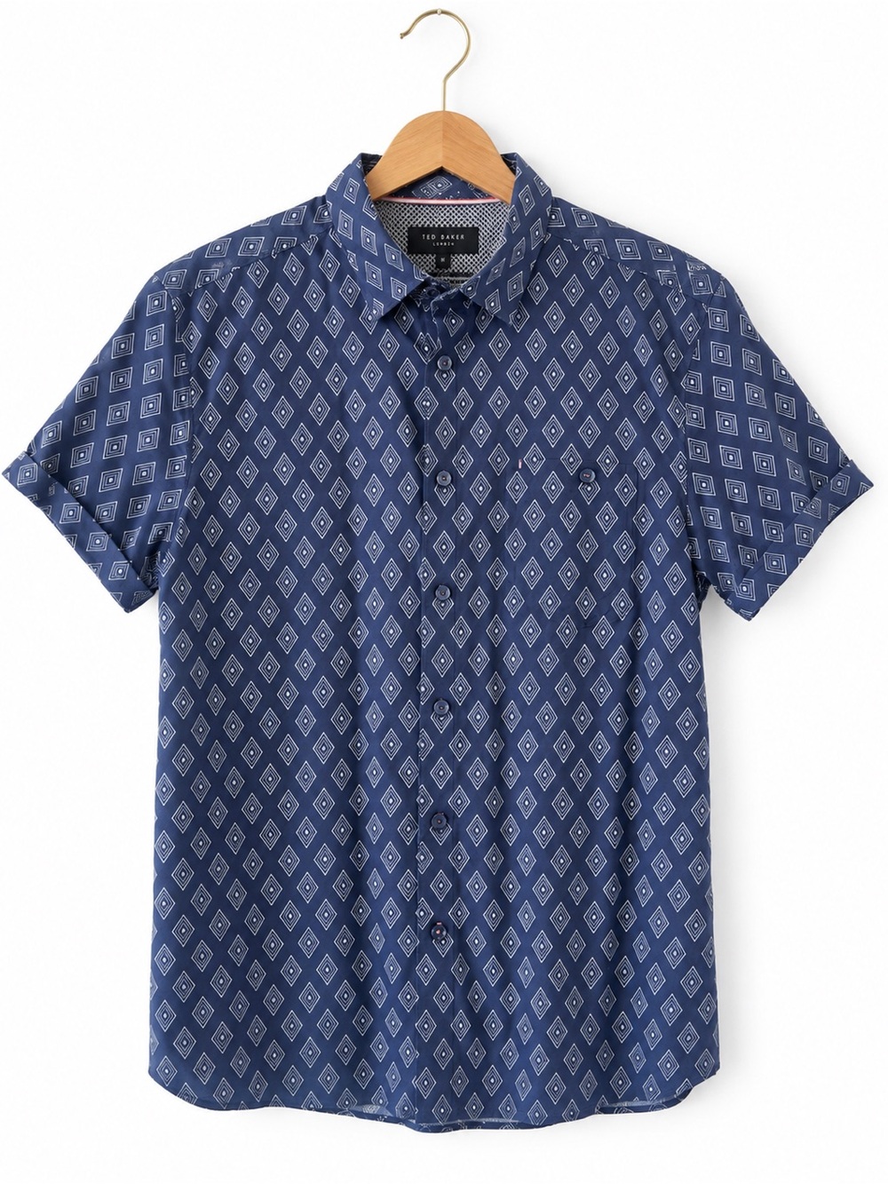 Ted Baker London Navy Geometric Short Sleeve Button Up Shirt Size 4 Large